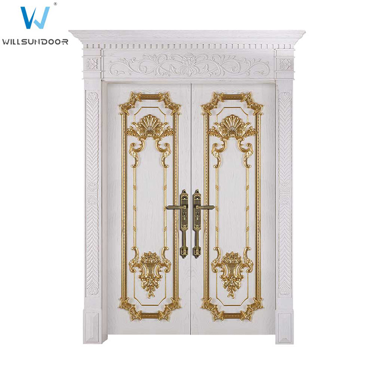 European Style Waterproof Metal Handle Solid Wood Door Exquisite Carving Entrance Door